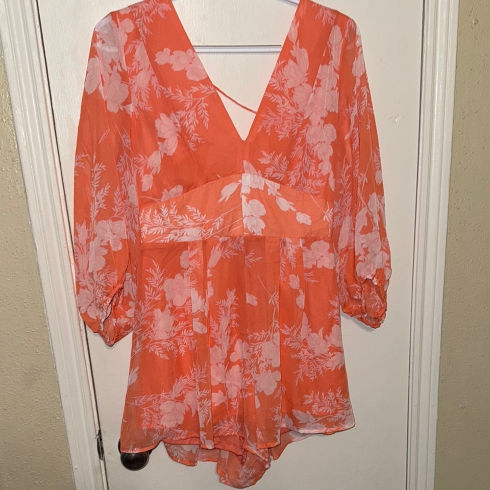 Floral Orange and White V-Neck Dress
